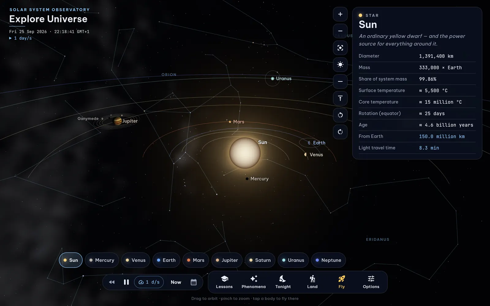 Explore Universe in a desktop browser with the Sun's information panel